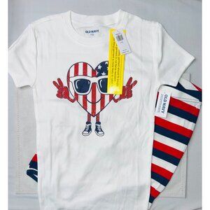Old Navy Kids 2Piece Patriotic Set With Heart Tee Striped Shorts Large 10